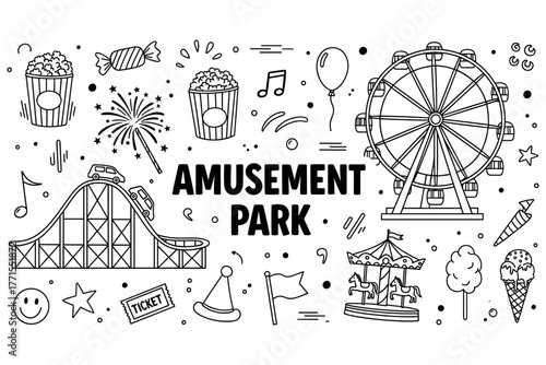 Amusement park doodle: roller coaster, ferris wheel, carousel, and snacks in black and white