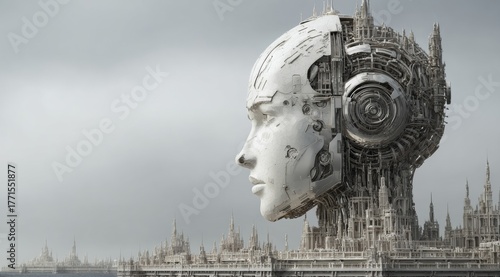 Futuristic AI robot head seamlessly merging with a complex architectural cityscape, concept art in neutral tones