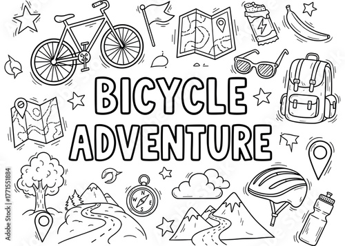 Bicycle adventure: doodles of outdoor cycling journey with maps and gear