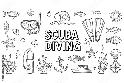 Scuba diving adventure: marine life, gear, and ocean exploration icons