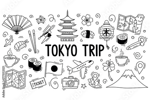 Tokyo trip: iconic symbols of japan in black and white illustration