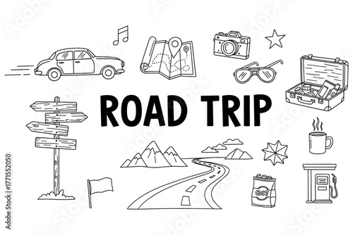 Road trip adventure concept with travel icons including car, map, camera, and suitcase