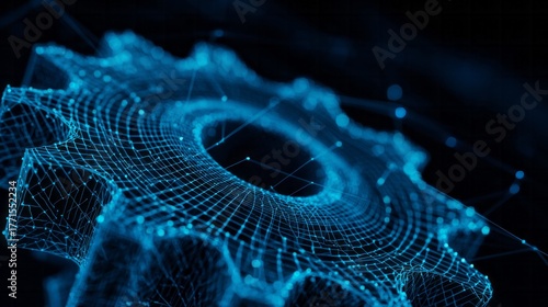 Abstract three dimensional representation of a mechanical gear structure created with glowing digital lines and nodes