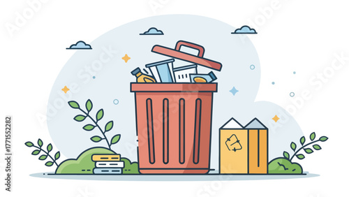 A full trash bin overflowing with waste and plastic debris