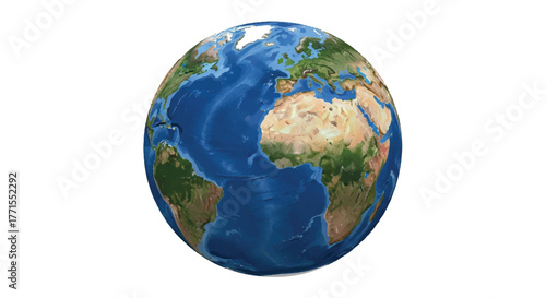 High-resolution image of a realistic Earth model with detailed continents and oceans on a plain white background.
