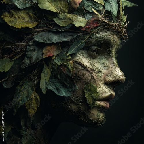 Surreal profile portrait of a human face seamlessly formed from vines, branches and layered green leaves, symbolizing harmony with nature
