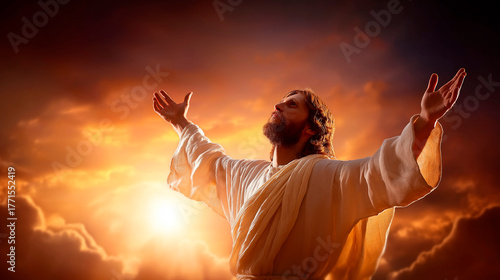 Embracing redemption scene showing Jesus Christ's welcoming open armed forgiveness gesture in Christian faith divine infinite mercy spiritual transformative grace religious prof