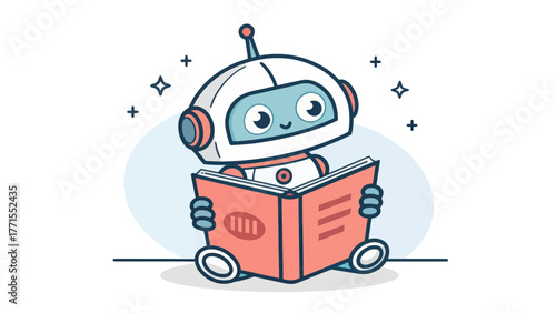 Cute robot reading a book with a happy expression