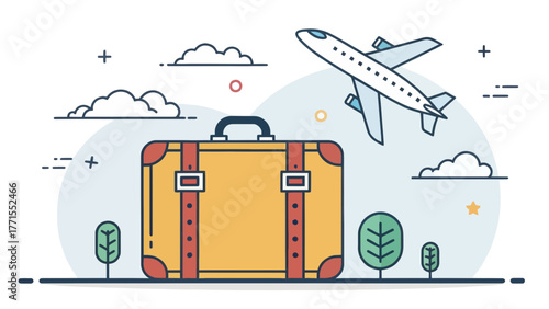 Illustration of a suitcase near an airplane taking off