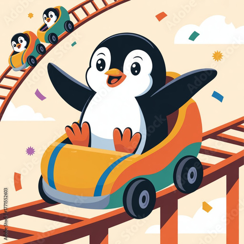Cute Whimsical Penguin Riding a rollercoaster Vector Illustration