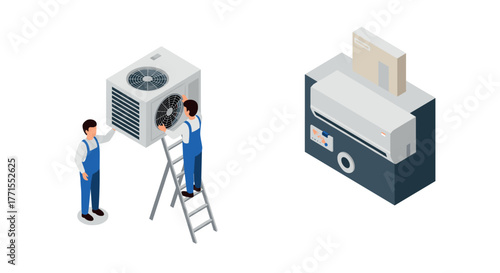 Technicians installing air conditioning units in isometric style