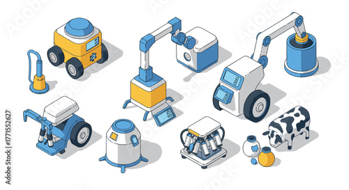Futuristic isometric agriculture robots and machinery for modern farming