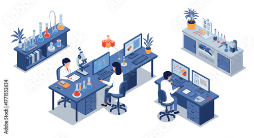 Isometric laboratory with scientists analyzing data and conducting experiments