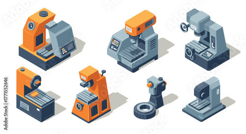 Isometric industrial 3d cnc machines set for manufacturing