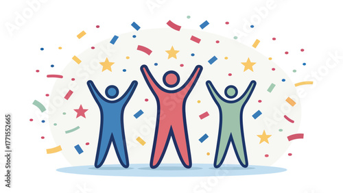 Three stick figure people celebrating with confetti in the air