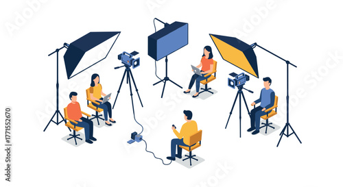 Media production team working in studio with cameras and lighting equipment in isometric style