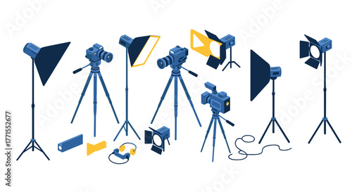 Isometric photography equipment setup with cameras and lighting gear