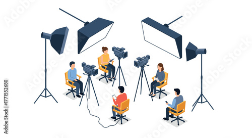 Modern film production scene with crew and equipment in isometric style