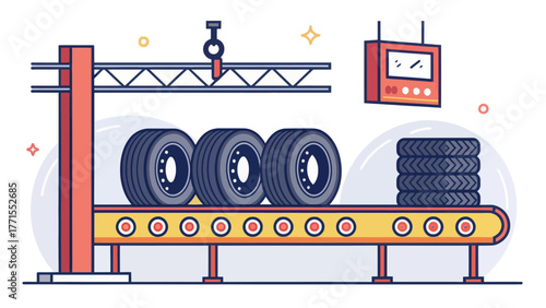 Tires on conveyor belt illustrating a tire manufacturing process