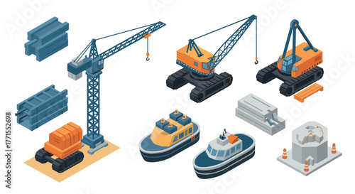 Isometric construction equipment and boats set for infrastructure projects