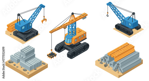 Isometric construction cranes and building materials on site