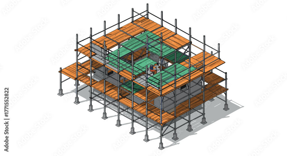 Naklejka premium Isometric scaffolding structure with worker on wooden platforms in construction site