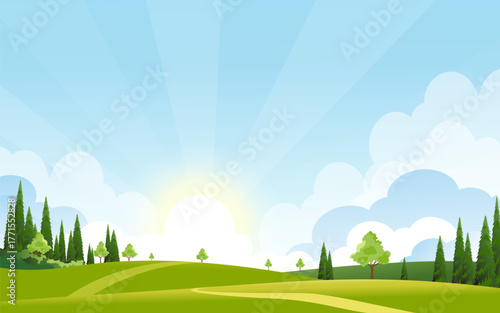 Sky, Cloud on blue background over grass field on hill,Vector cartoon landscape green farm land on Spring with tree, lawn meadow and road on rural mountain.Horizon morning summer nature in village
