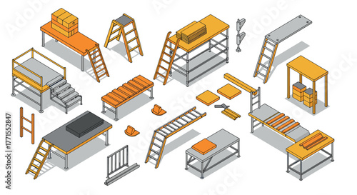 Isometric warehouse equipment: ladders, workbenches, and storage solutions