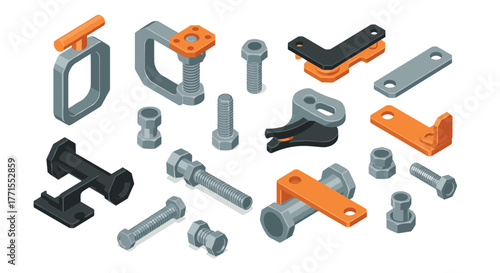Isometric industrial fasteners and tools collection in modern design