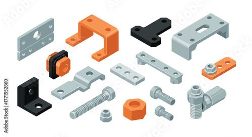 Isometric mechanical components set: bolts, nuts, and brackets collection