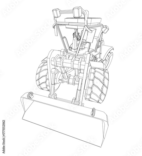 A skid steer loader with four large wheels, a long arm, and a large bucket is depicted in a detailed contour drawing.
