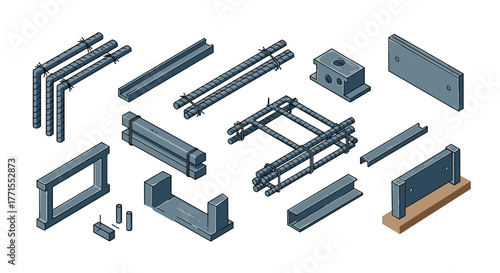 Isometric concrete reinforcement elements and structural steel components set