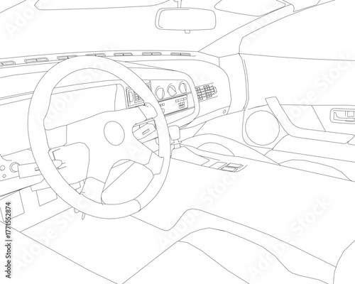 Detailed car interior sketch with steering wheel, dashboard, and speedometer. A rearview mirror is positioned at the top against a clean white background.