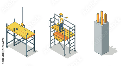 Construction equipment and worker on scaffolding in isometric design