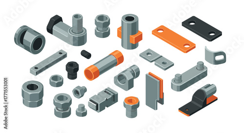 Industrial hardware components isometric design featuring nuts bolts and connectors in orange and gray tones