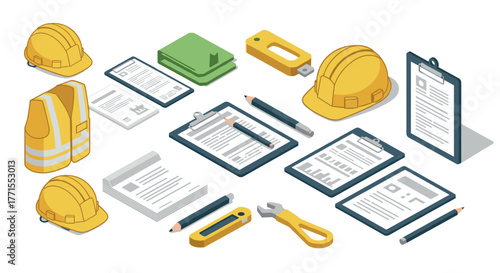 Construction tools and documents isometric design with hard hat and safety vest