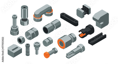 Isometric industrial fasteners and mechanical parts collection for engineering design