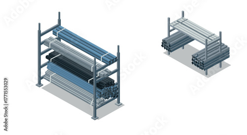 Isometric metal storage racks with industrial pipes in warehouse setting