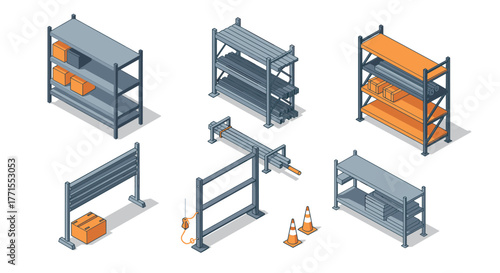 Industrial storage racks with safety barriers and equipment in isometric design
