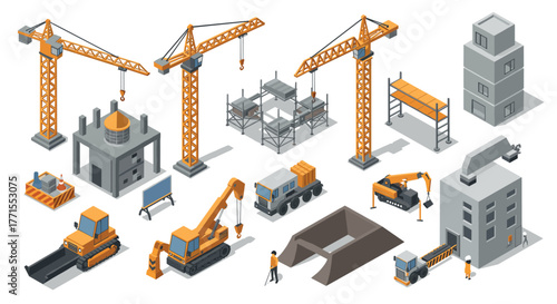 Construction site elements with isometric industrial machinery and structures
