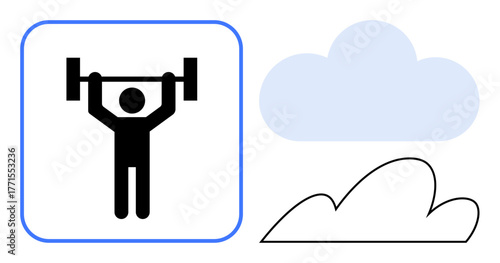 Stick figure lifting a barbell inside a frame, surrounded by minimalist clouds. Ideal for fitness, personal growth, health, determination, strength, mental clarity motivation. Simple flat metaphor