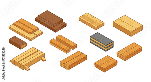 Isometric wood planks and boards collection for construction and carpentry designs