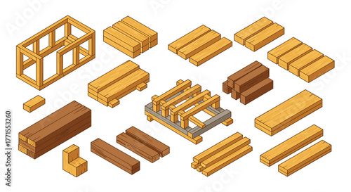 Isometric wooden planks and beams for construction projects