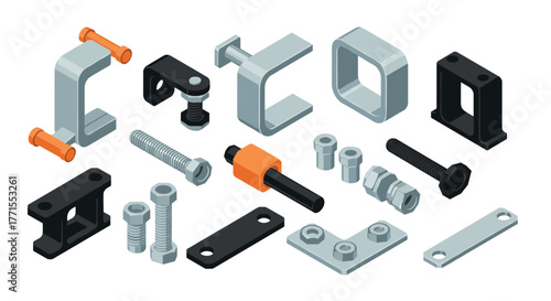 Isometric mechanical components set with screws, bolts, and clamps