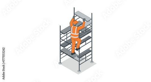 Construction worker climbing scaffolding in safety gear isometric illustration