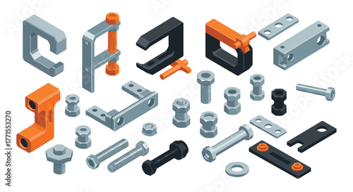 Isometric metal components and tools collection for industrial design projects