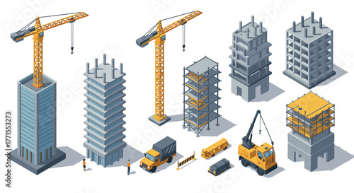 Construction site elements with cranes and buildings in isometric design