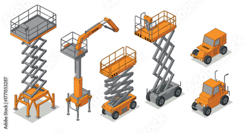 Isometric construction equipment set with scissor lifts and aerial platform