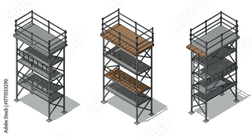 Isometric scaffolding structures with platforms in various positions
