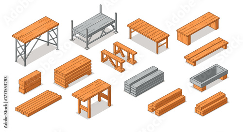 Industrial and rustic wooden furniture and materials in isometric style